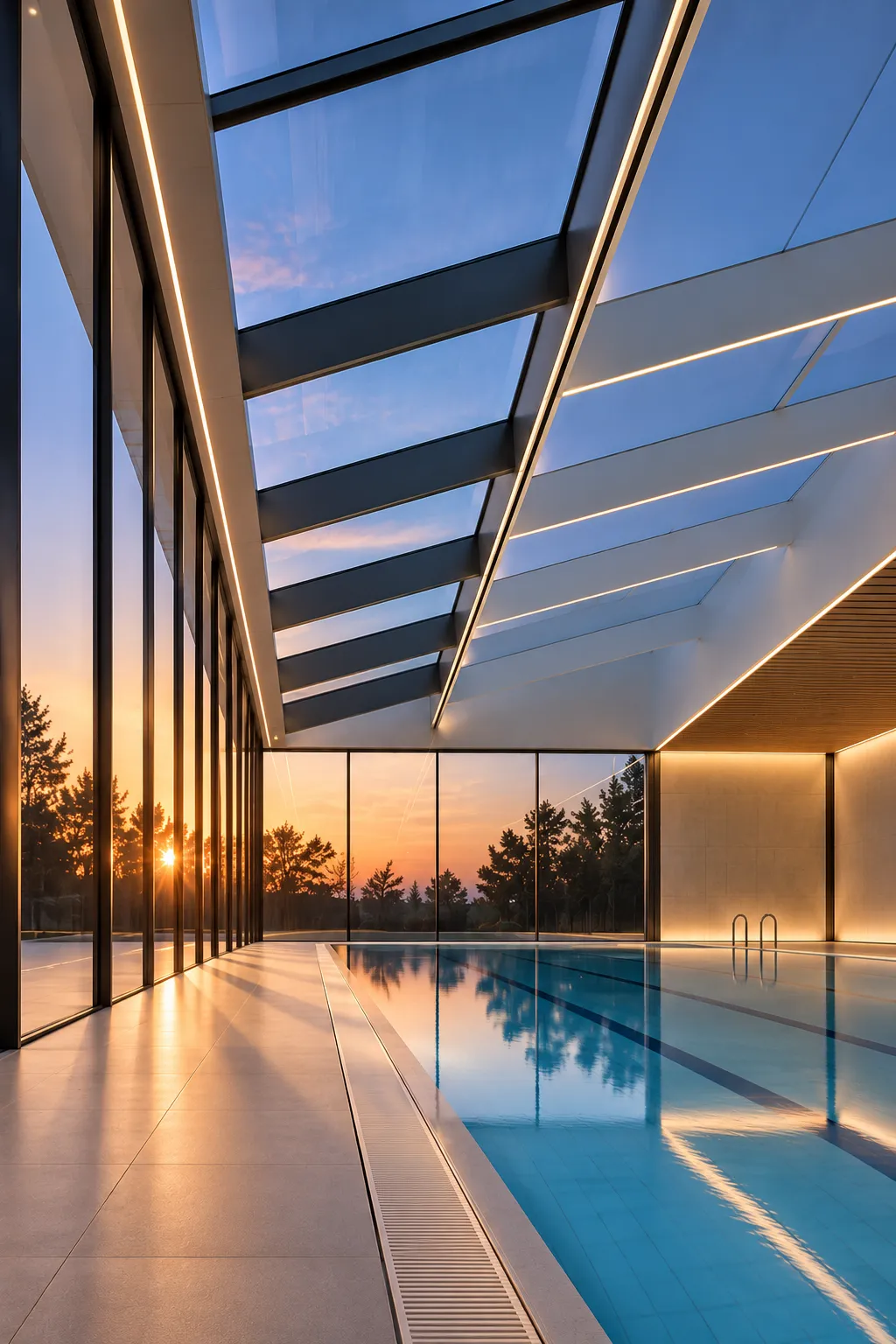 Piscina bajo techo de cristal al atardecer