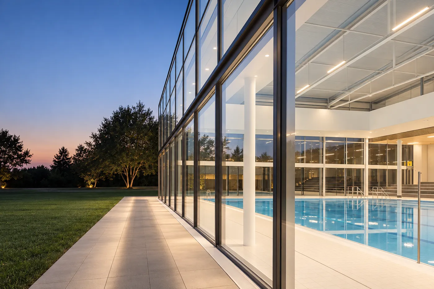 Piscina techada con fachada de cristal al atardecer